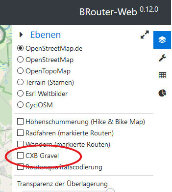 Ebenen-Menü im CXB Gravel Routenplaner mit aktiviertem CXB-Gravel-Layer