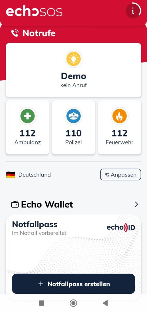 Screenshot der App EchoSOS: Standortanzeige mit GPS-Koordinaten und länderspezifischer Notrufnummer