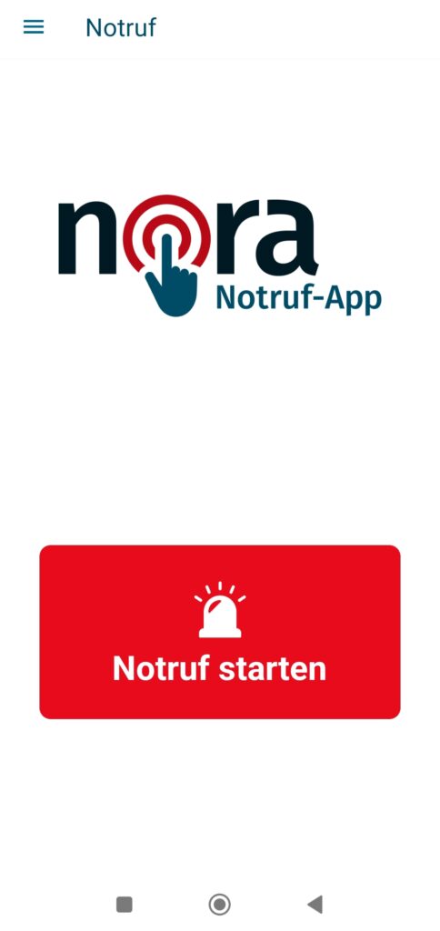Screenshot der Notruf-App nora: Startbildschirm mit Notruf-Button und Auswahl zwischen Polizei, Feuerwehr und Rettungsdienst