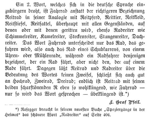 Zeitungsausschnitt in Fraktur: L. Graf Pfeil schlägt »Reitrad« statt »Fahrrad« vor, in Analogie zu Reitpferd und Reitsattel
